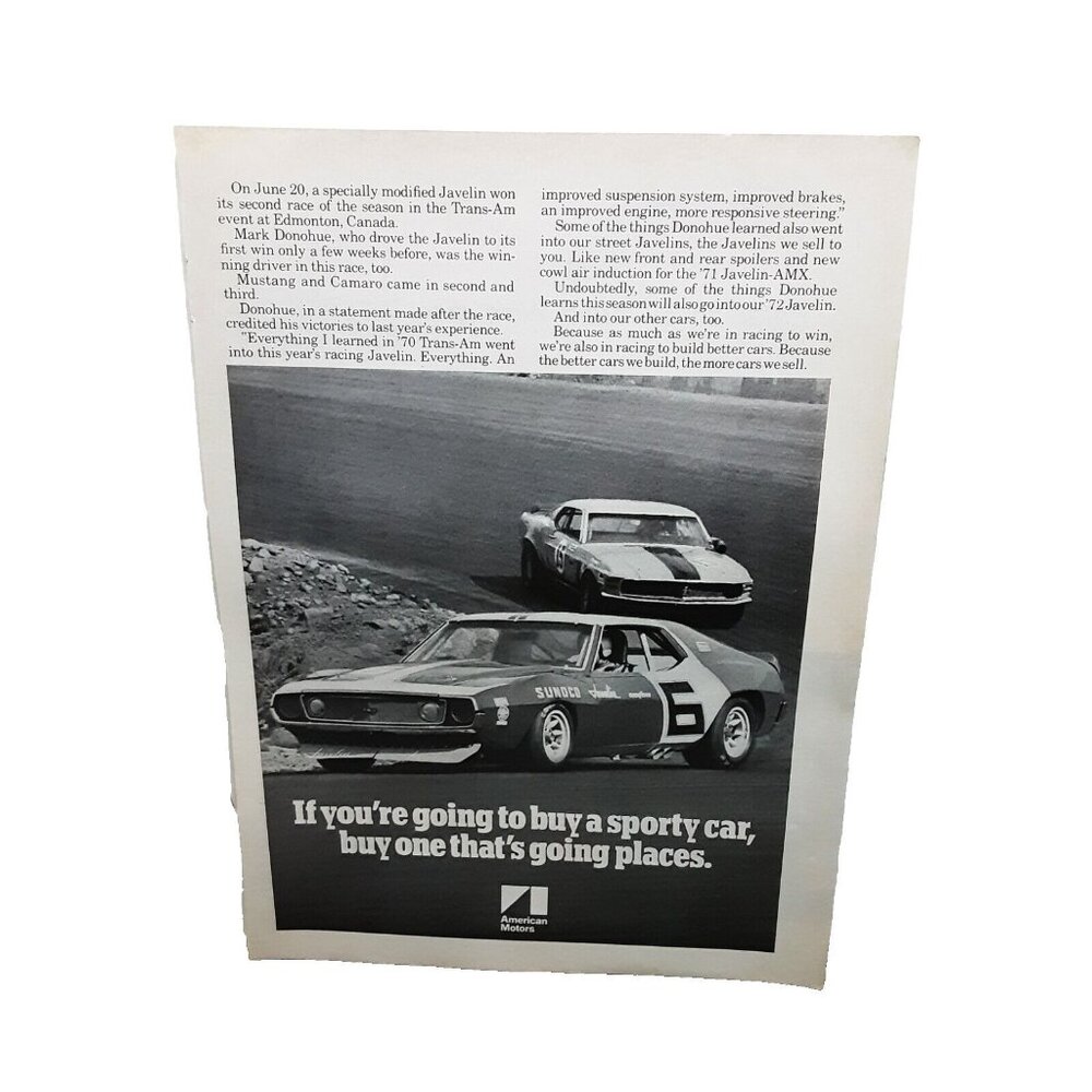 1971 American Motors Mark Donohue Javelin Racing Car Original Print Ad 70s